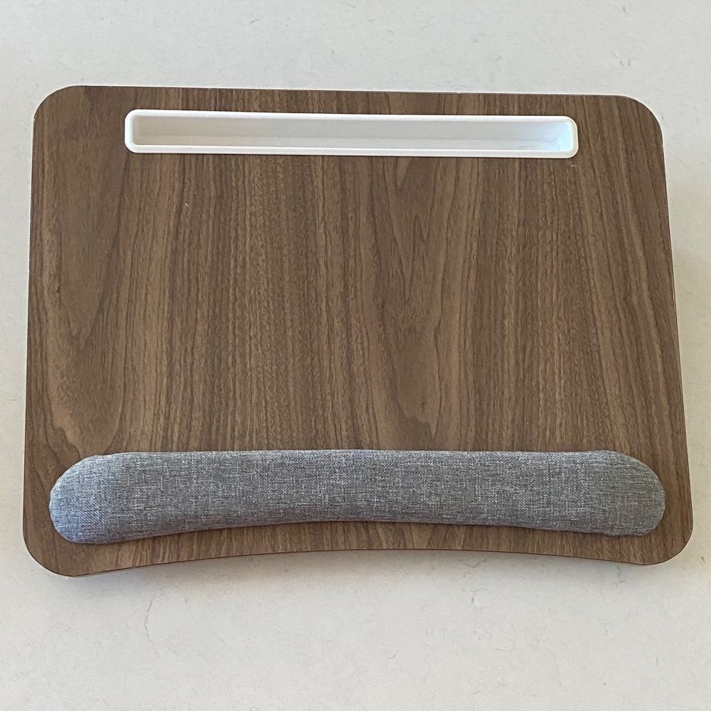 Wood Grain Lap Desk with Tablet Slot Wrist Rest and Cushion Brown Gray